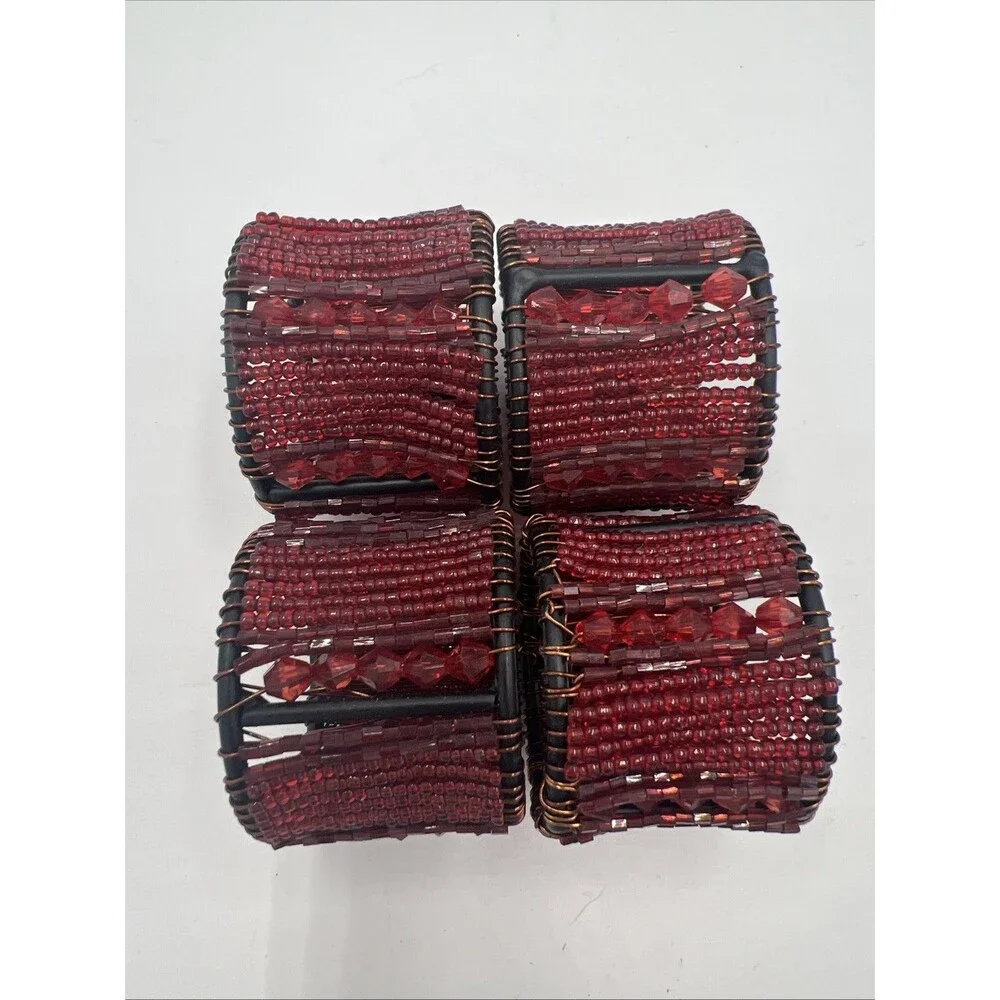 Pier 1 Napkin Rings Jeweled Tone Christmas Valentines Moroccan Red Beaded Set 4